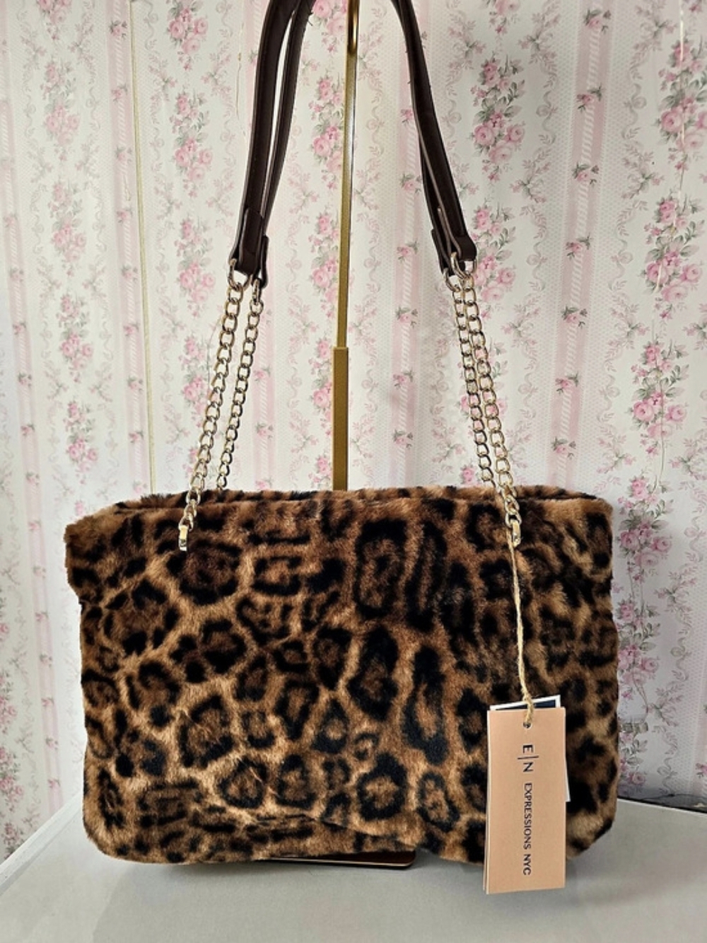 Expressions NYC Leopard Faux Fur Shoulder Bag Gold Chain Tote NWT Y2K Viral